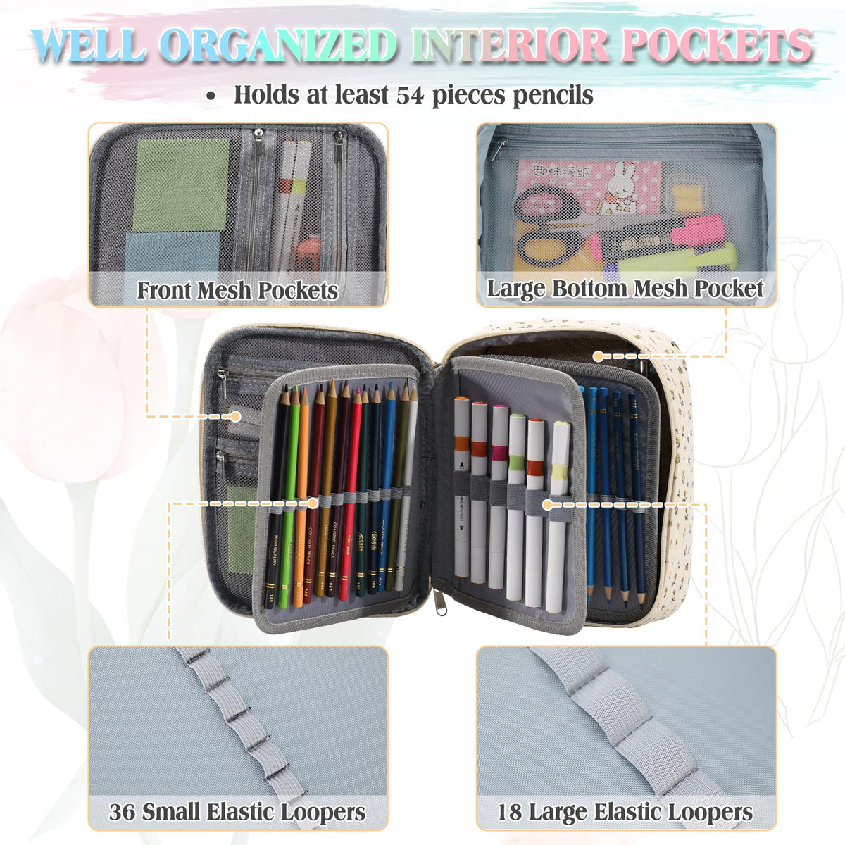 VX VONXURY Large Pencil Case, 54-Slot Colored Pen Pouch 2 Removable Sleeves