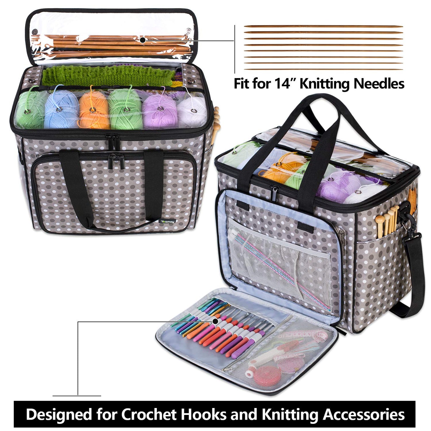 Teamoy Knitting Bag, Yarn Storage Organizer Crochet Bag Tote, Gray Dots