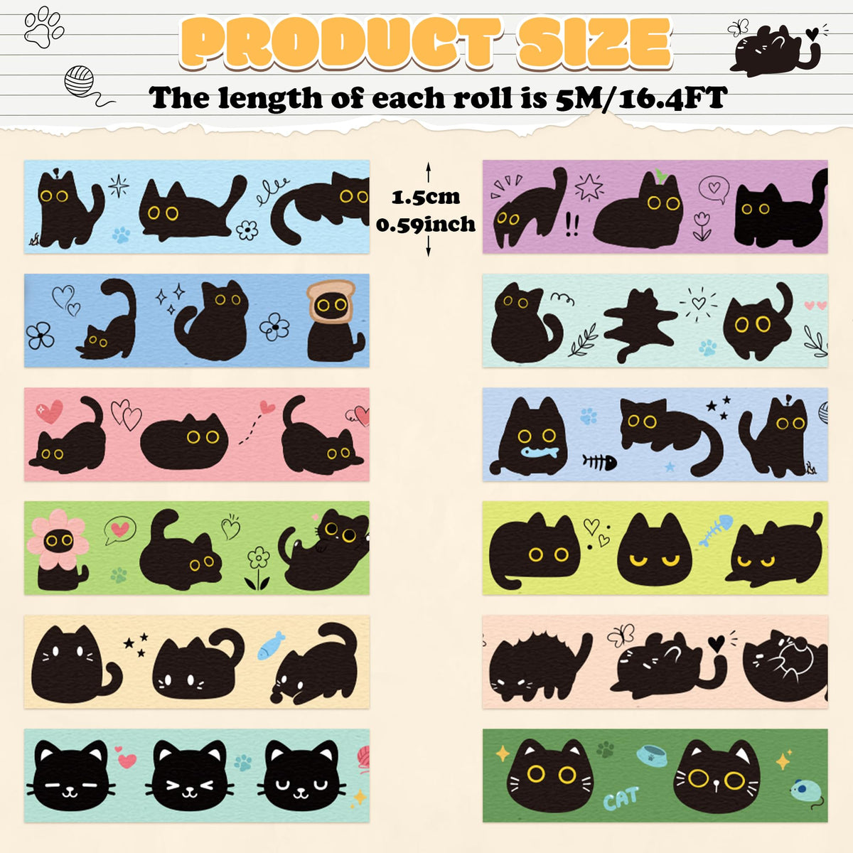 BkeeCten 12Pcs Cute Trendy Black Cat Design Washi Tape Decorative DIY Craft