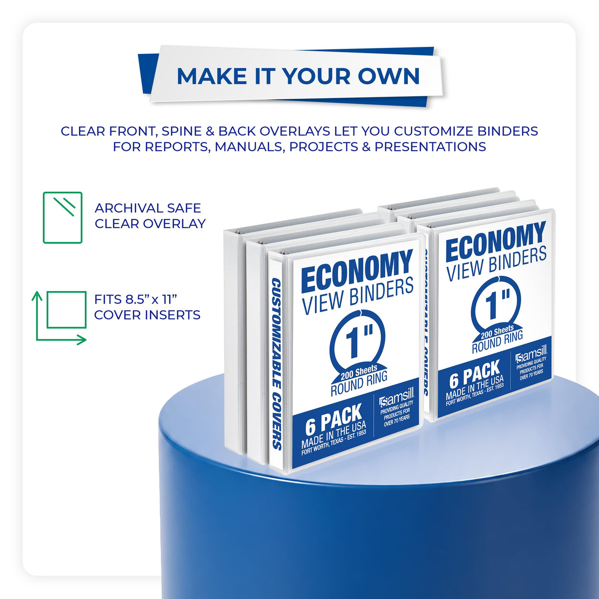 Samsill 1 Inch 3 Ring Binders, Economy Round Ring, Clear View Cover, 200 Sheet Capacity - for
