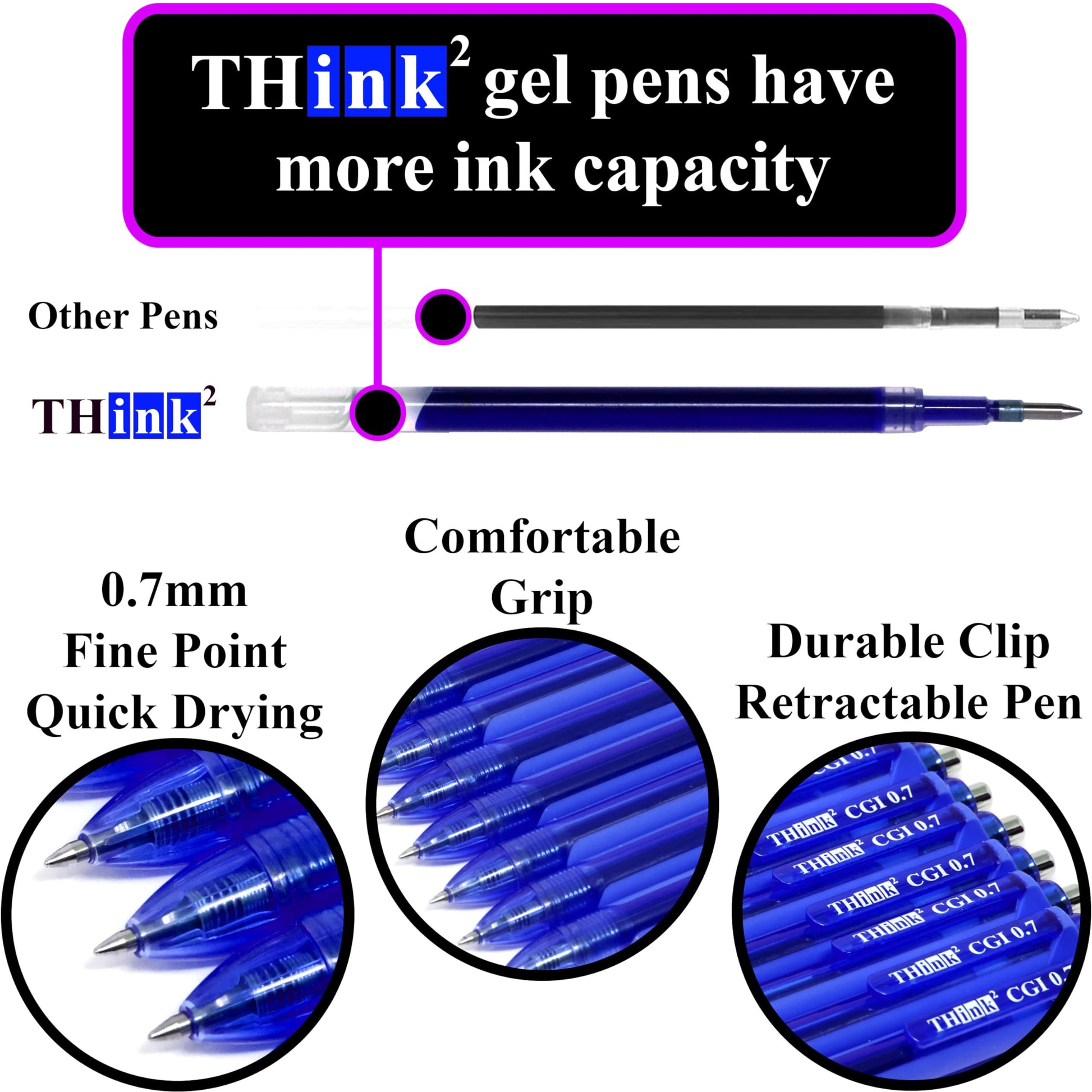 [24 Pens - Blue Ink] Think2 0.7mm CGI Retractable Gel Pens. (24 Blue) Medium Point Rollerball Pens