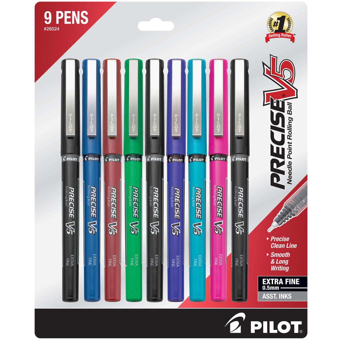 PILOT Precise V5 Stick Liquid Ink Rolling Ball Stick Pens, Extra Fine Point (0.5mm) Assorted Ink