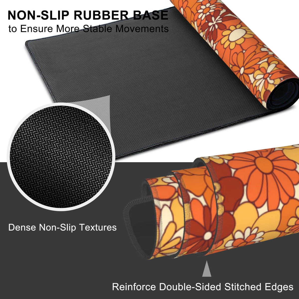 Mouse Pad, Large Retro Boho Hippie Flower Desk Mat, Extended Non-Slip Gaming Keyboard Mousepad Desk