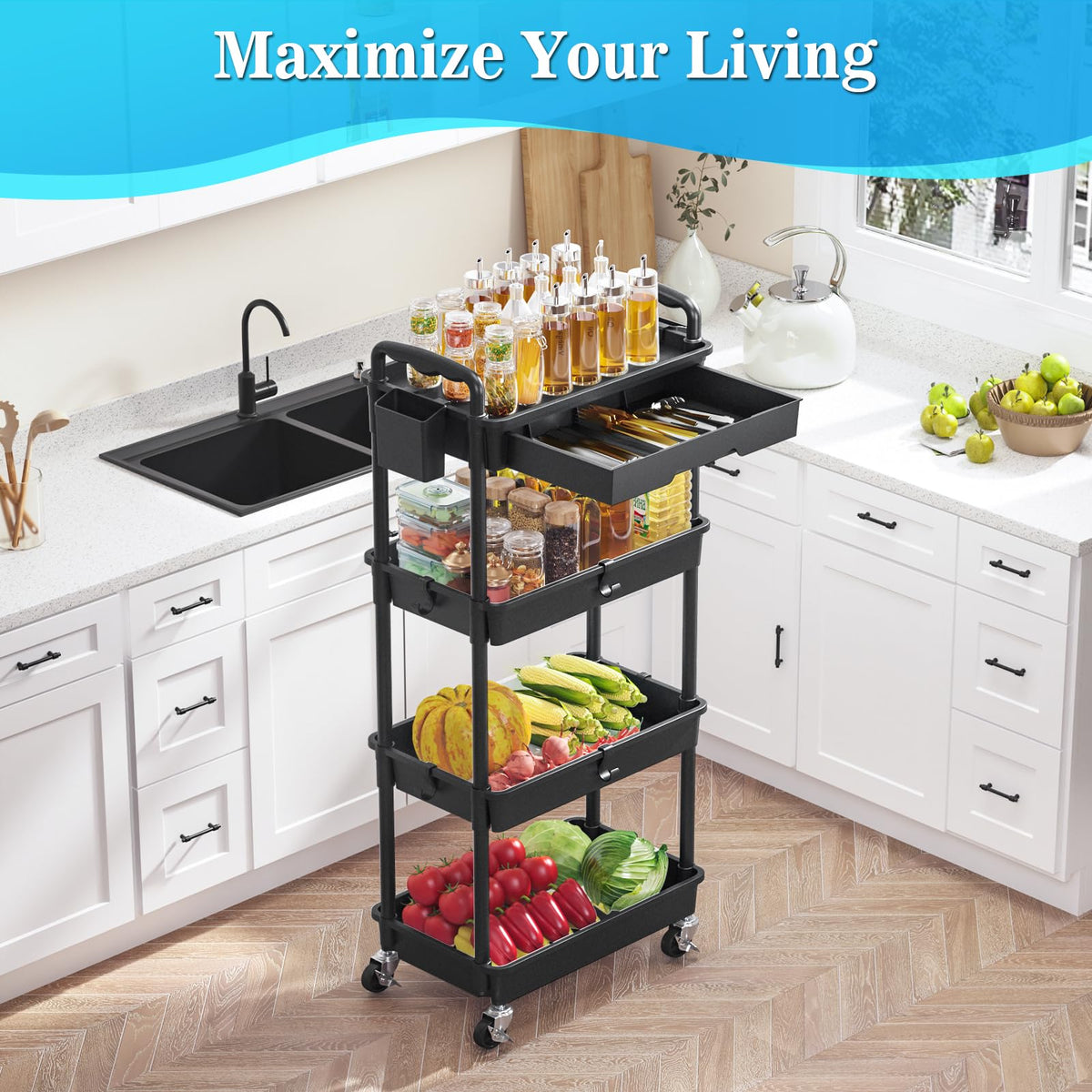 SUNALLY 4 Tier Rolling Cart with Drawer, Craft Storage Cart Organizer,Black