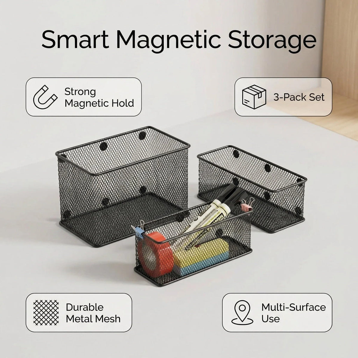 Neudeco Magnetic Locker Shelf Organizer, Black, Pack of 3