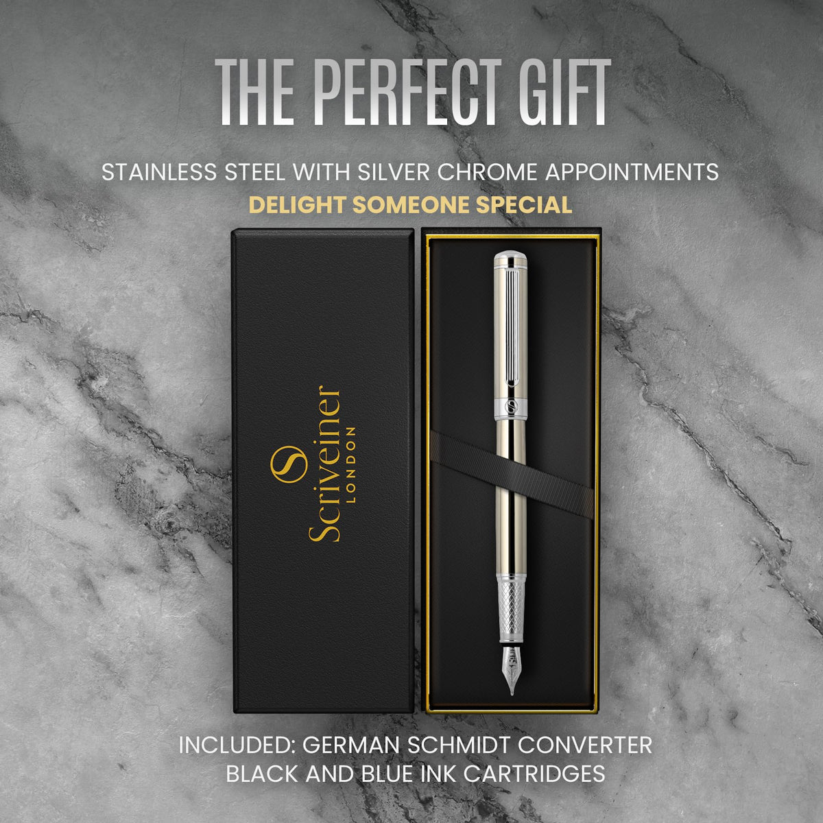 Scriveiner Stainless Steel Fountain Pen - Stunning Luxury Pen with Steel Finish, Schmidt Steel Nib