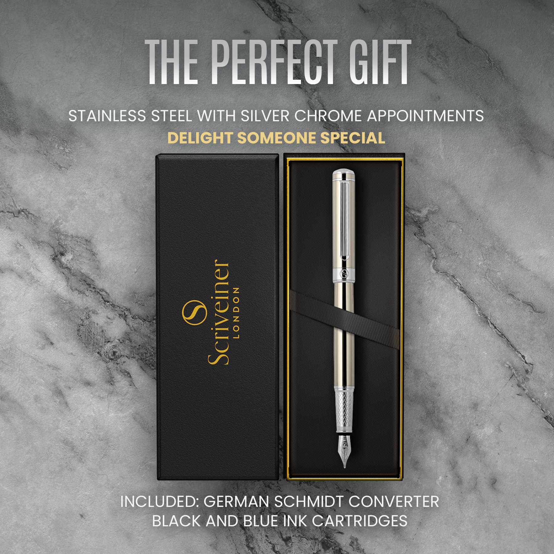 Scriveiner Stainless Steel Fountain Pen - Stunning Luxury Pen with Steel Finish, Schmidt Steel Nib