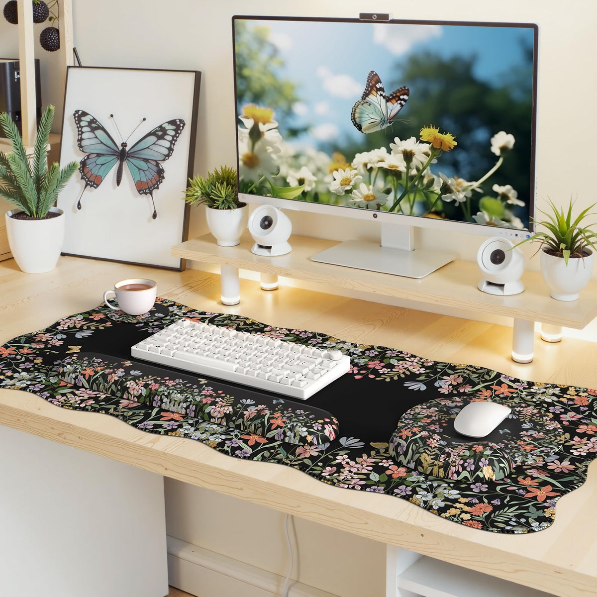 iLeadon Cute Desk Mat Set, Scalloped Floral Desk Mat Keyboard Mouse Pad Set