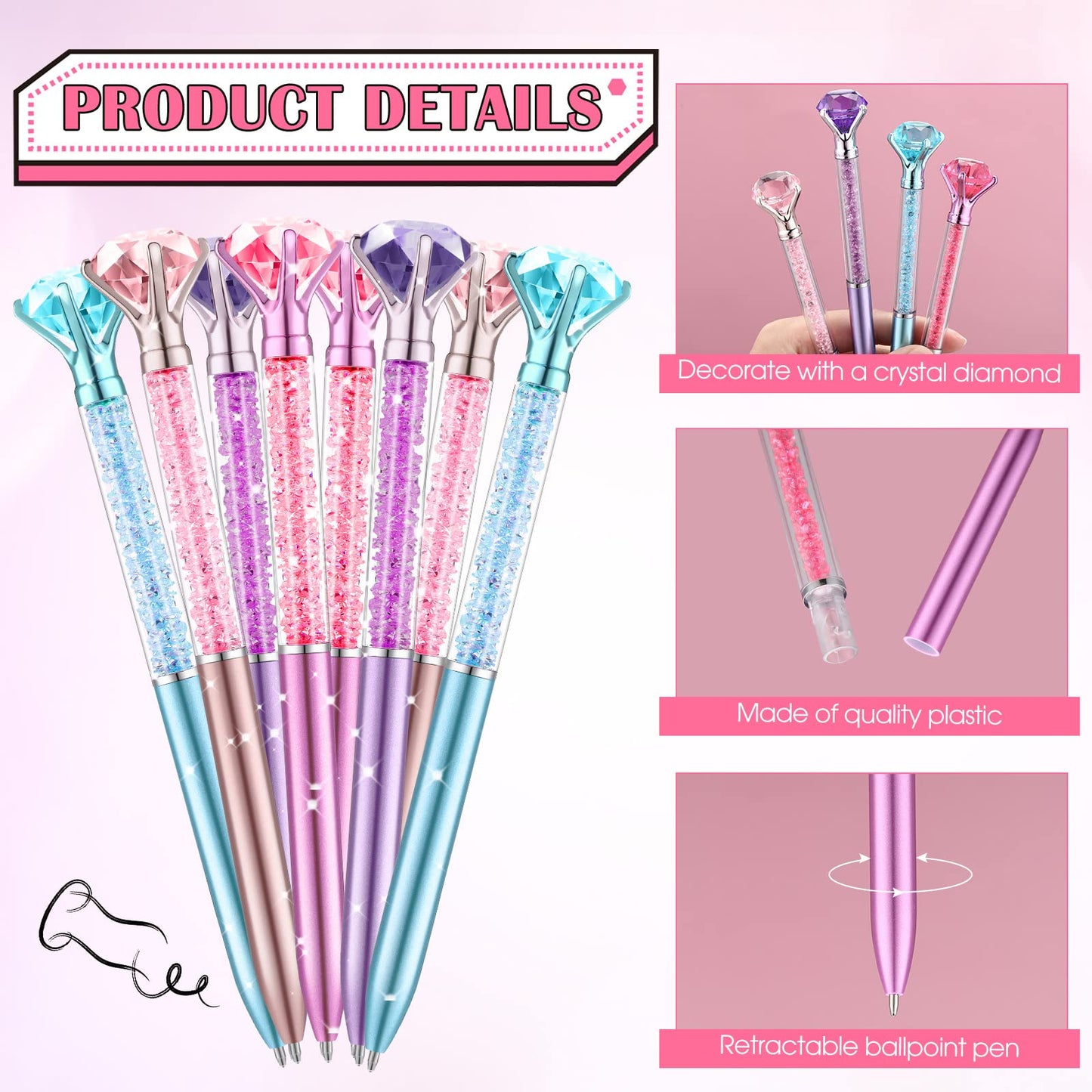 Leinuosen 48 Pcs Big Crystal Diamond Pens Bulk Bling Black Ink Rhinestones Ballpoint Pen Bridal