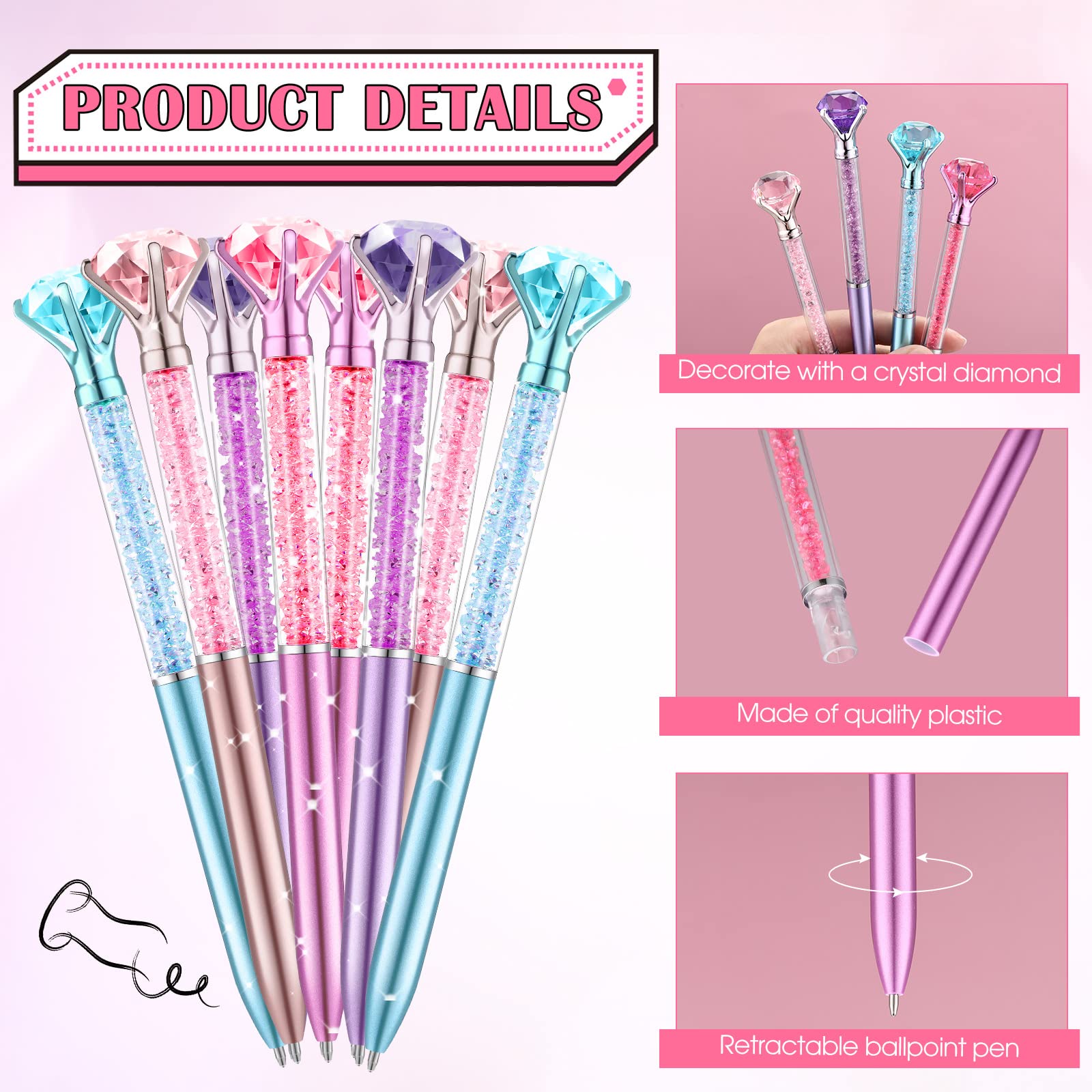 Leinuosen 48 Pcs Big Crystal Diamond Pens Bulk Bling Black Ink Rhinestones Ballpoint Pen Bridal