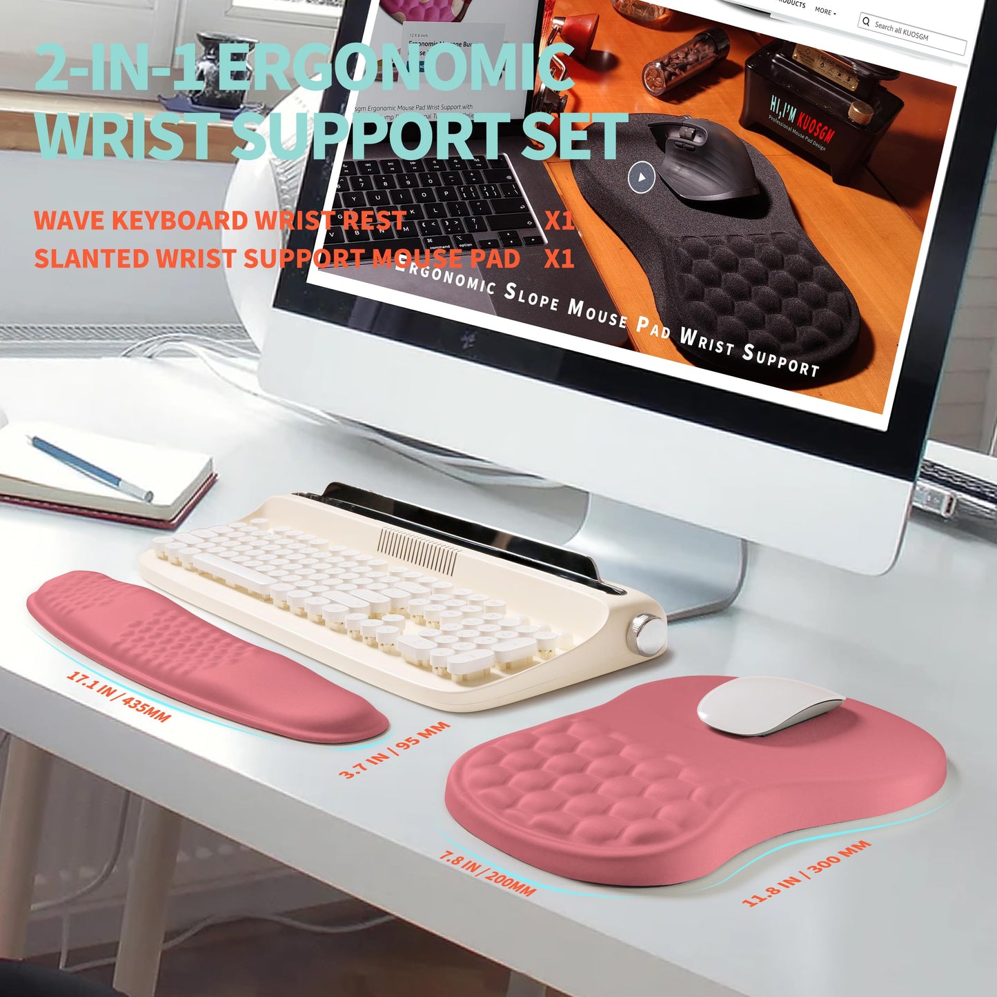 KUOSGM 2-in-1 Ergonomic Set, Wave Rise Keyboard Wrist Rest and Massage Bulge Slope Mouse Pad Wrist