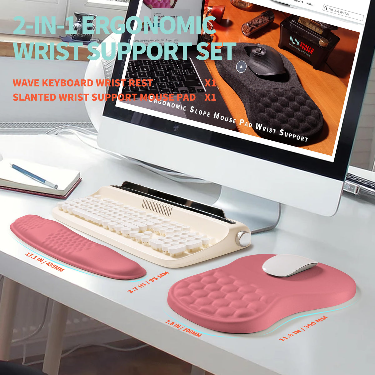 KUOSGM 2-in-1 Ergonomic Set, Wave Rise Keyboard Wrist Rest and Massage Bulge Slope Mouse Pad Wrist