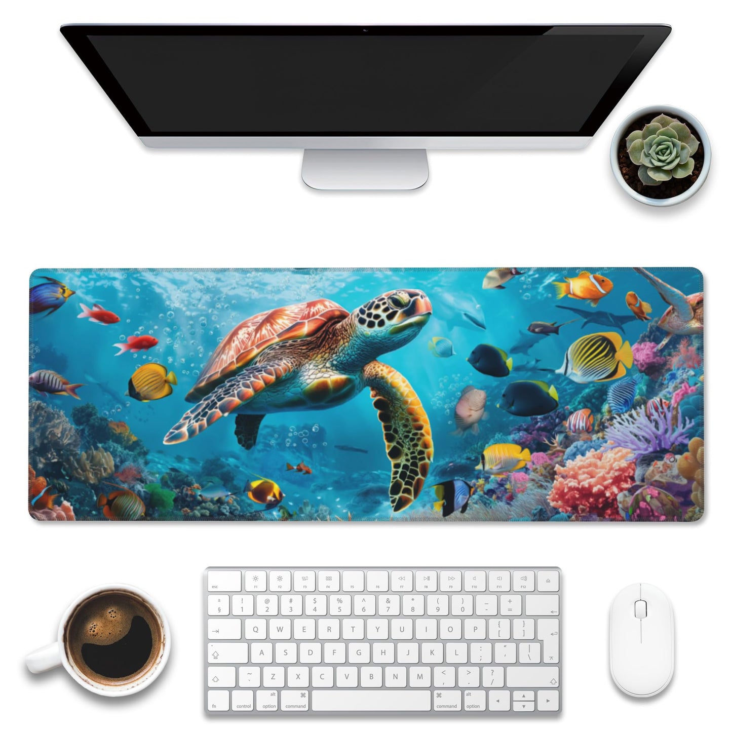 XL Mouse Pad,Sea Turtle with Colorful Fish Large Gaming Mouse Pad,The Underwater World Desk
