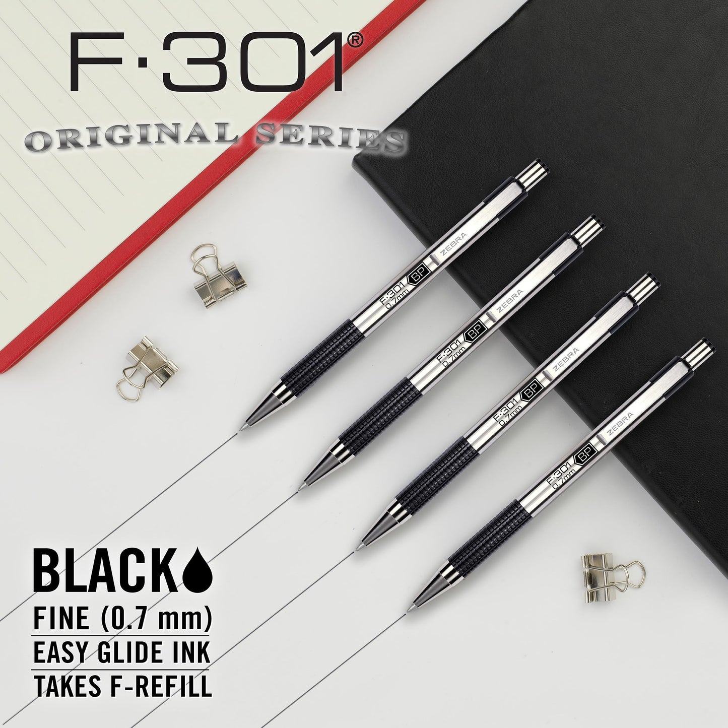 Zebra Pen STEEL F-301 Retractable Ballpoint Pen, Black Ink, 0.7mm, 18-Pack