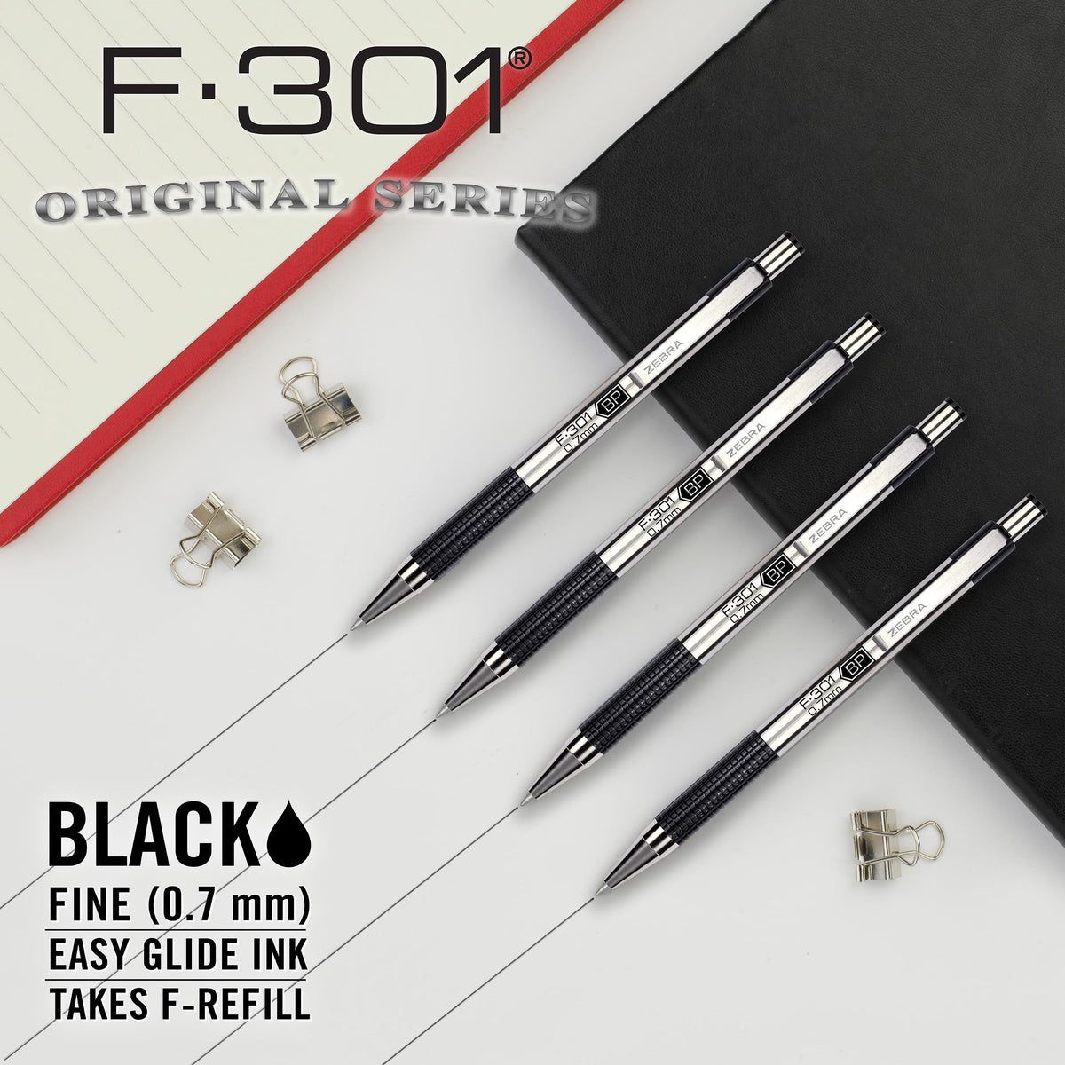 Zebra Pen STEEL F-301 Retractable Ballpoint Pen, Black Ink, 0.7mm, 18-Pack