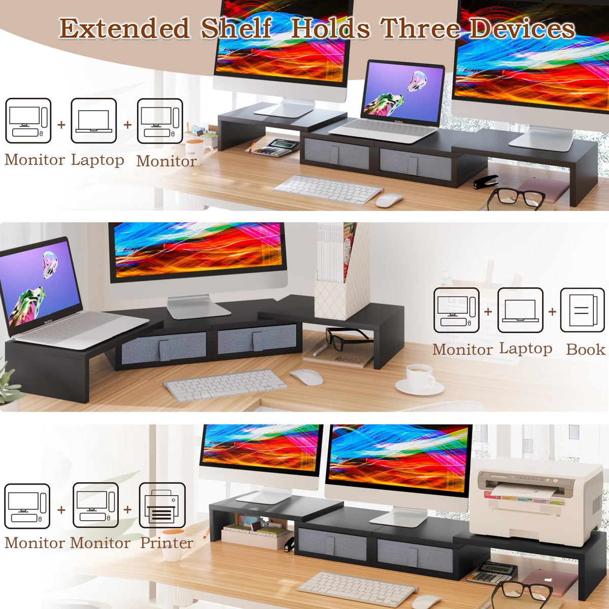TEAMIX Wood Dual Monitor Stand Riser with Drawers-Length and Angle Adjustable Triple Monitor Stand