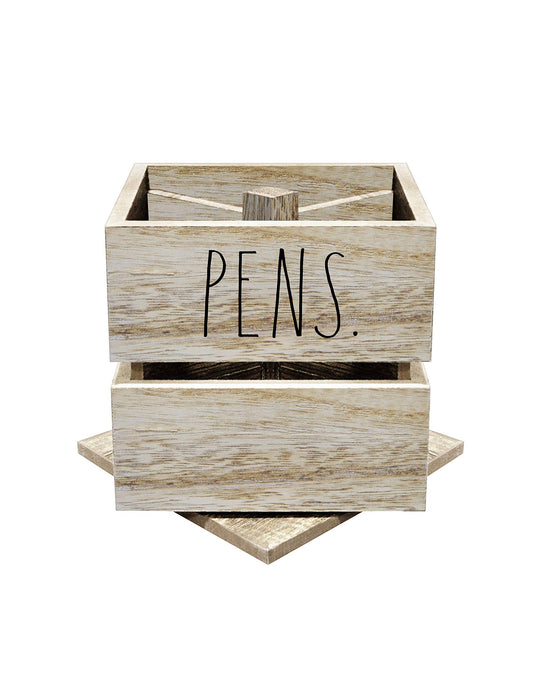 Rae Dunn Pencil Cup - Wooden Pen Holder Desktop Organizer - Small Rustic Wood Desk Top Caddy for