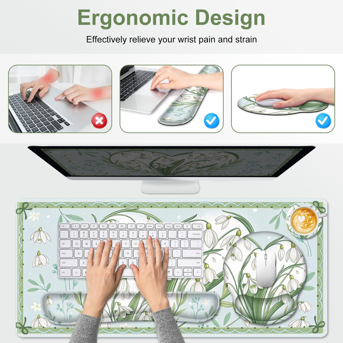 Floral Desk Mat, 4in1 Large Mouse Pad with Wrist Rest, Desk Matt for Desktop, Desk Pad Mat
