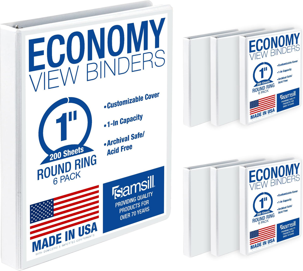 Samsill 1 Inch 3 Ring Binders, Economy Round Ring, Clear View Cover, 200 Sheet Capacity - for