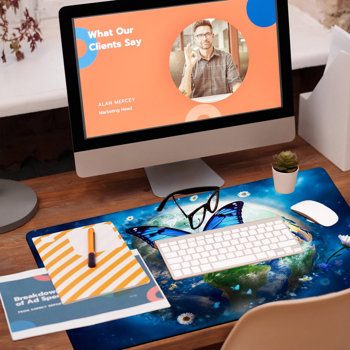 KOAIWPAE Desk Mat, Earth Surrounded by Flowers Desk Pad, Blue Butterfly Large Gaming Mouse Pad
