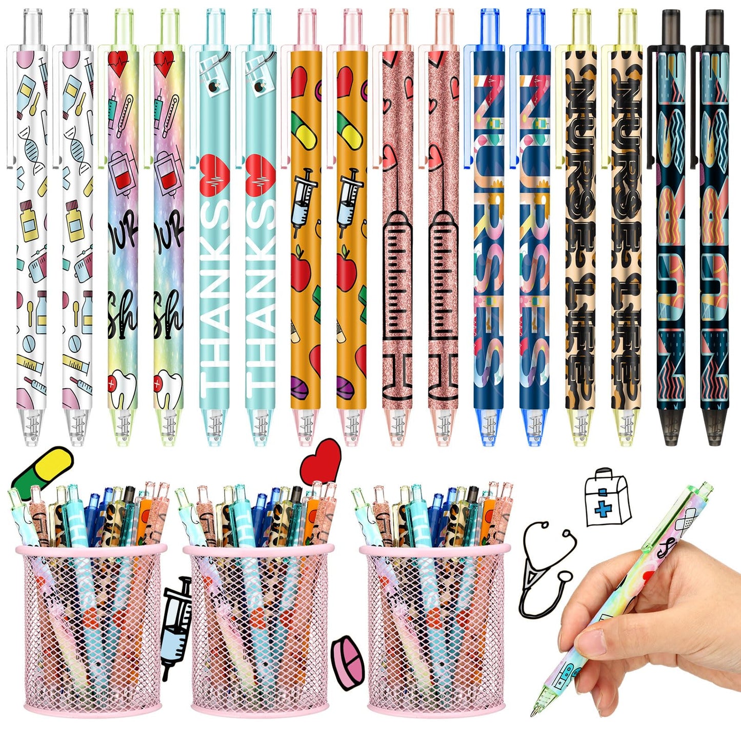 Leinuosen 72 PCS Funny Nurse Pens Bulk Cute Cartoon Nursing Retractable Pen Appreciation Gift Pens