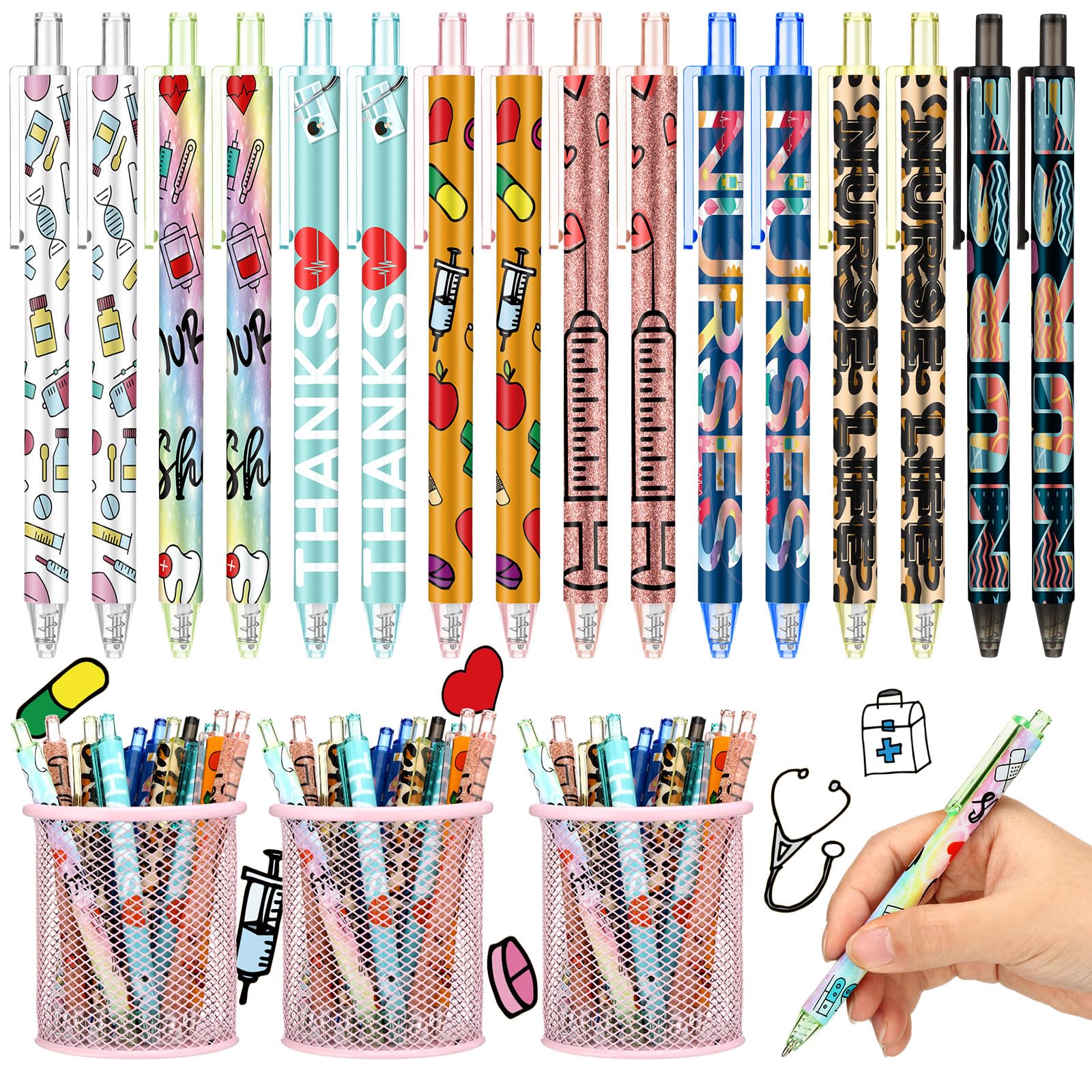 Leinuosen 72 PCS Funny Nurse Pens Bulk Cute Cartoon Nursing Retractable Pen Appreciation Gift Pens