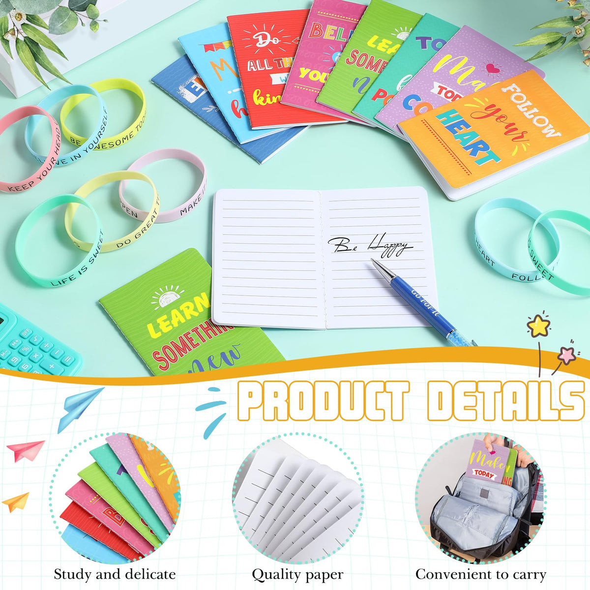 PerKoop 64 Pcs Inspirational Gift Bulk Notebooks Ballpoint Pen, Colorful
