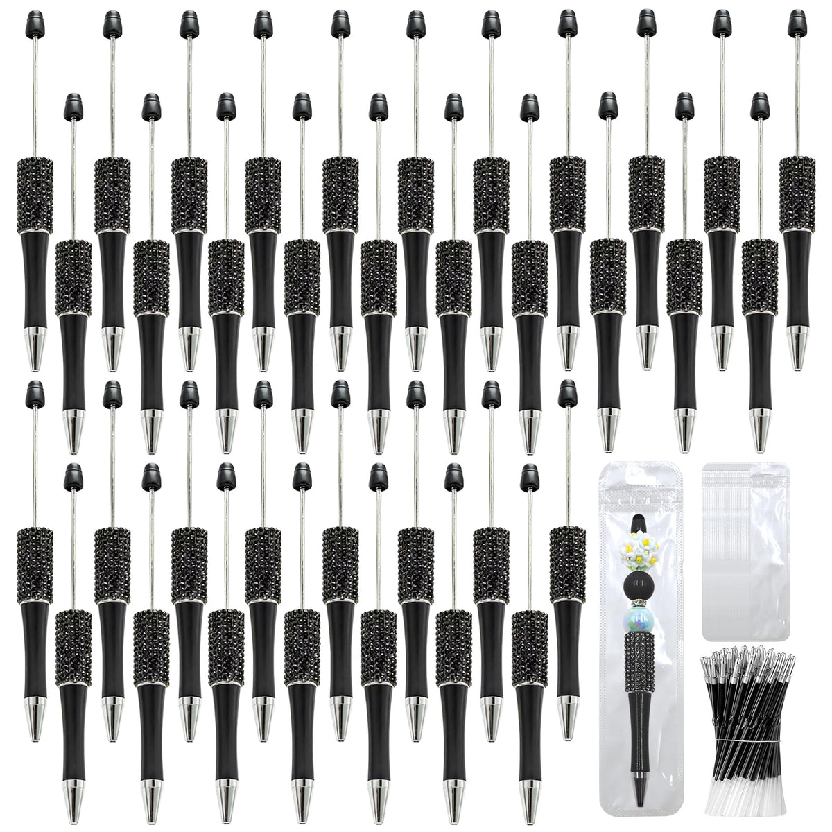 DASTTUIS 75 Pcs DIY Diamond Beadable Pen Kit - 25 Plastic Rhinestone Beaded Pens Bulk with Refills