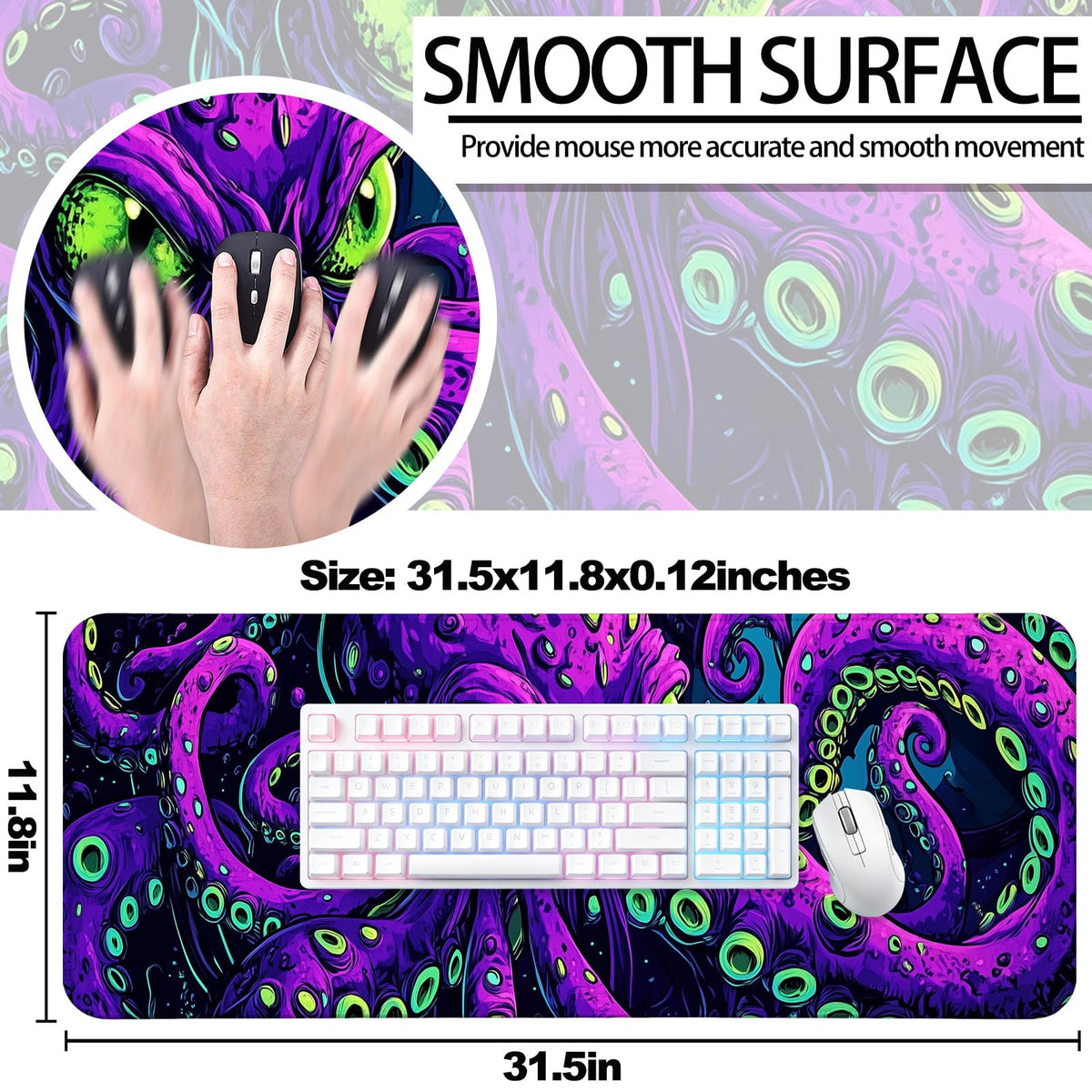 JIANG100 Mystic Purple Octopus Gaming Desk Mat, Extended Mouse Pad, XL