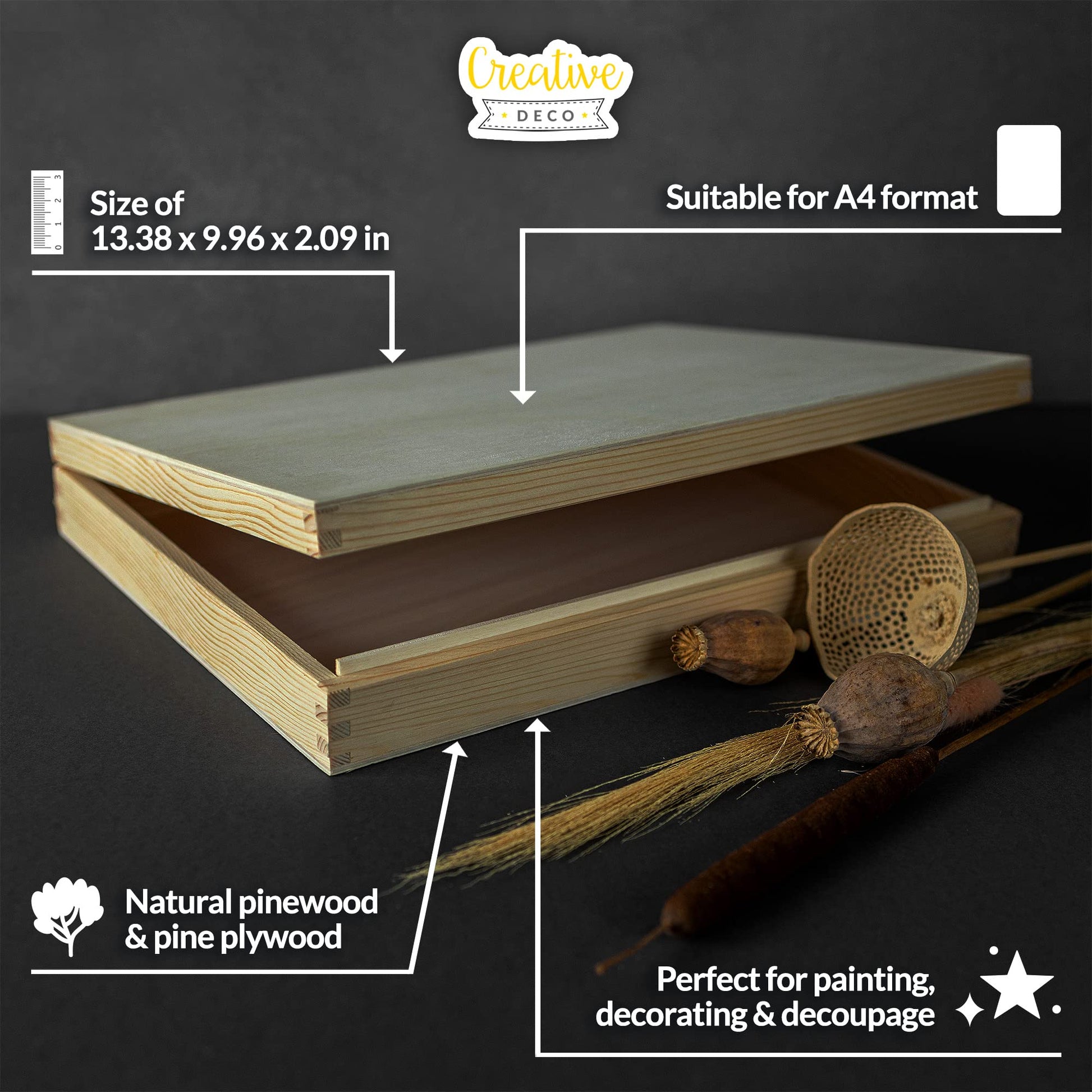 Creative Deco A4 Wooden Storage Box Unpainted Plain Flat