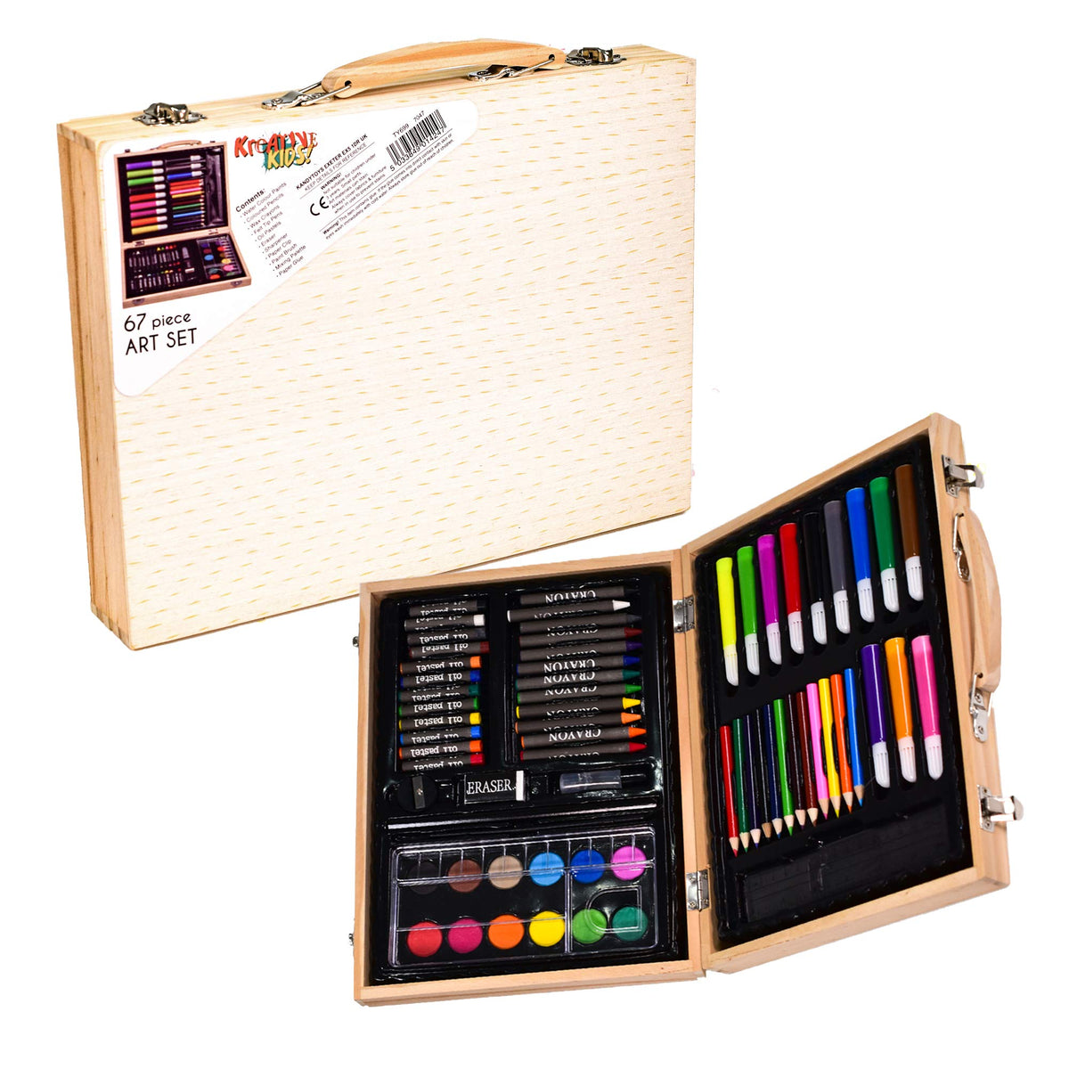 Childrens 67 PC Craft Art Artists Set in Wooden Box Case Crayons Paints Pens Pencils by Unknown