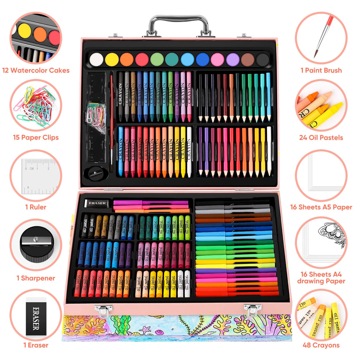 Soucolor 183 Art Set Drawing Painting Kit,Crayons Pastels Markers,Kids Gift