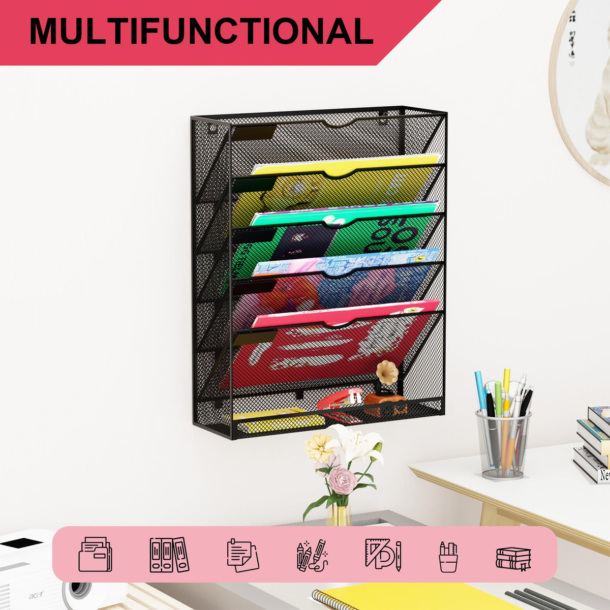 GDINDINFAN Hanging Wall File Organizer 6 Tier Wall Mounted Mail Paper Folder Holder Document