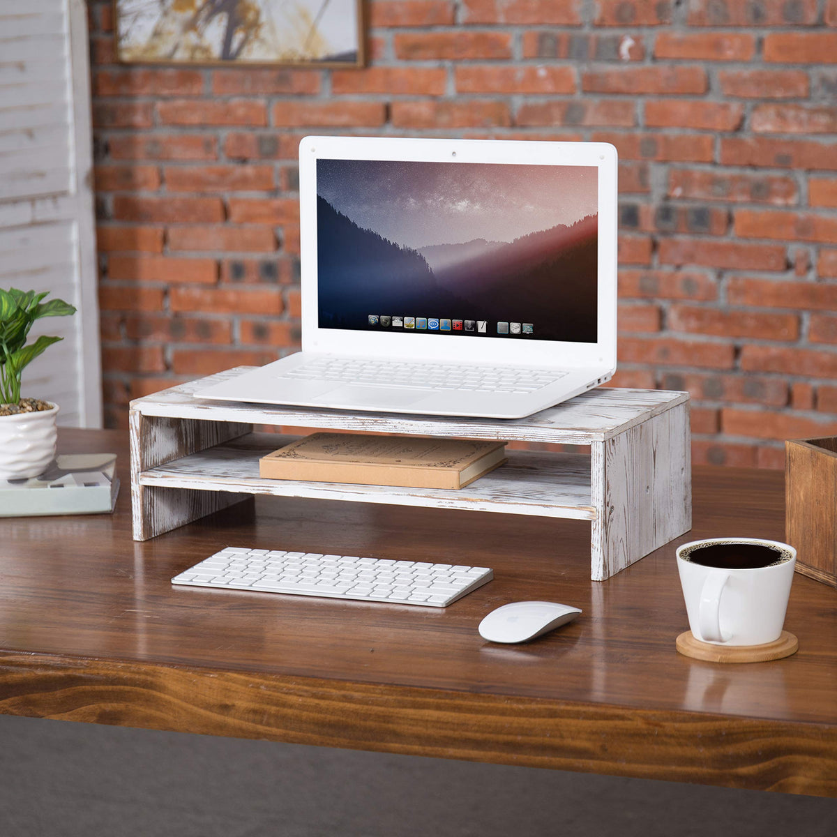 MyGift Whitewashed Wood Monitor Stand, 2 Tier Computer Desk Riser Shelf