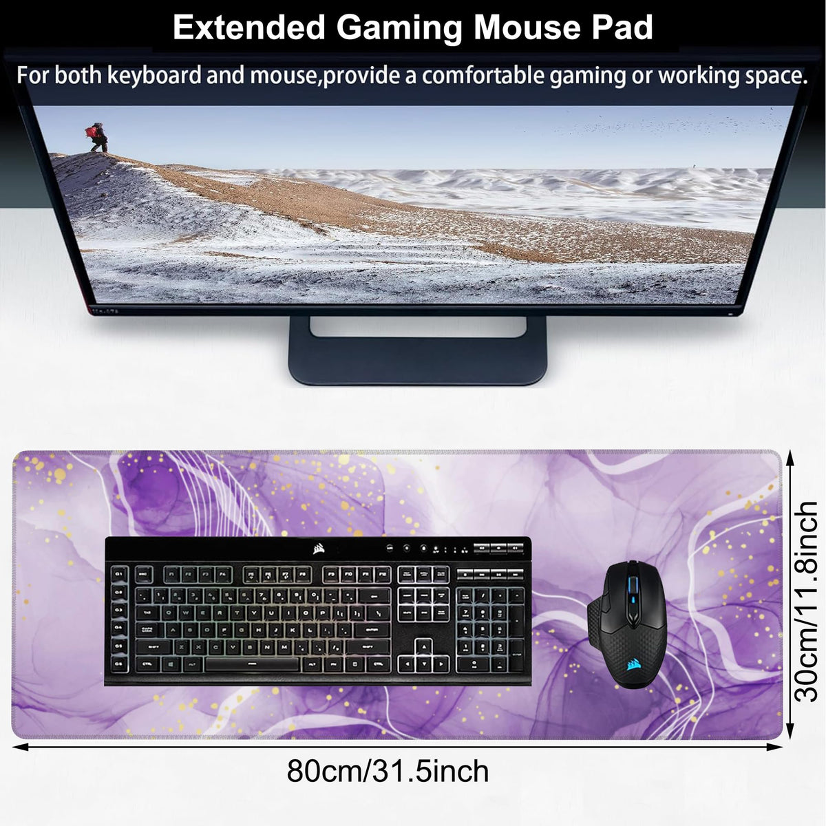Watercolor Purple Marble Desk Mat,Large Violet Marble Texture Gaming Keyboard Mouse Pad,Non-Slip