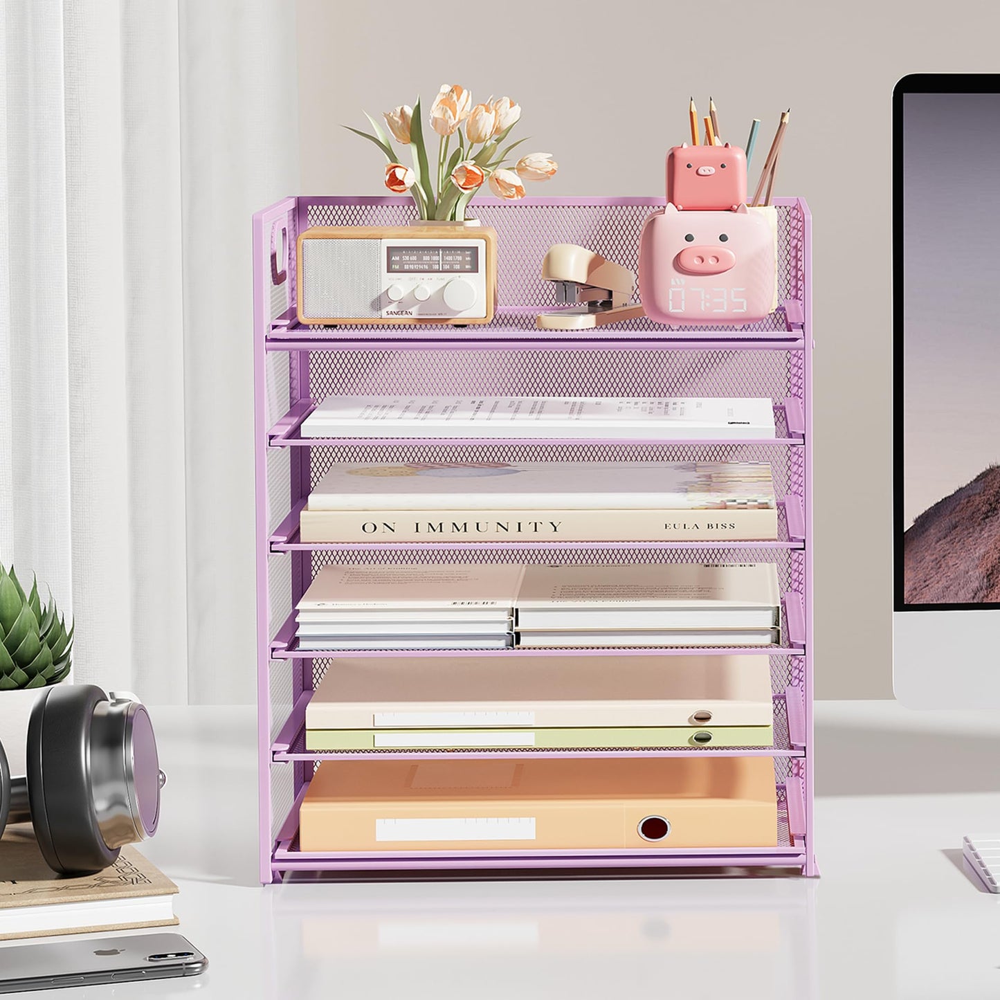 Subekyu 6-Tier Desk Paper Organizer, Desktop File Letter Tray with Handle, Document Sorter and