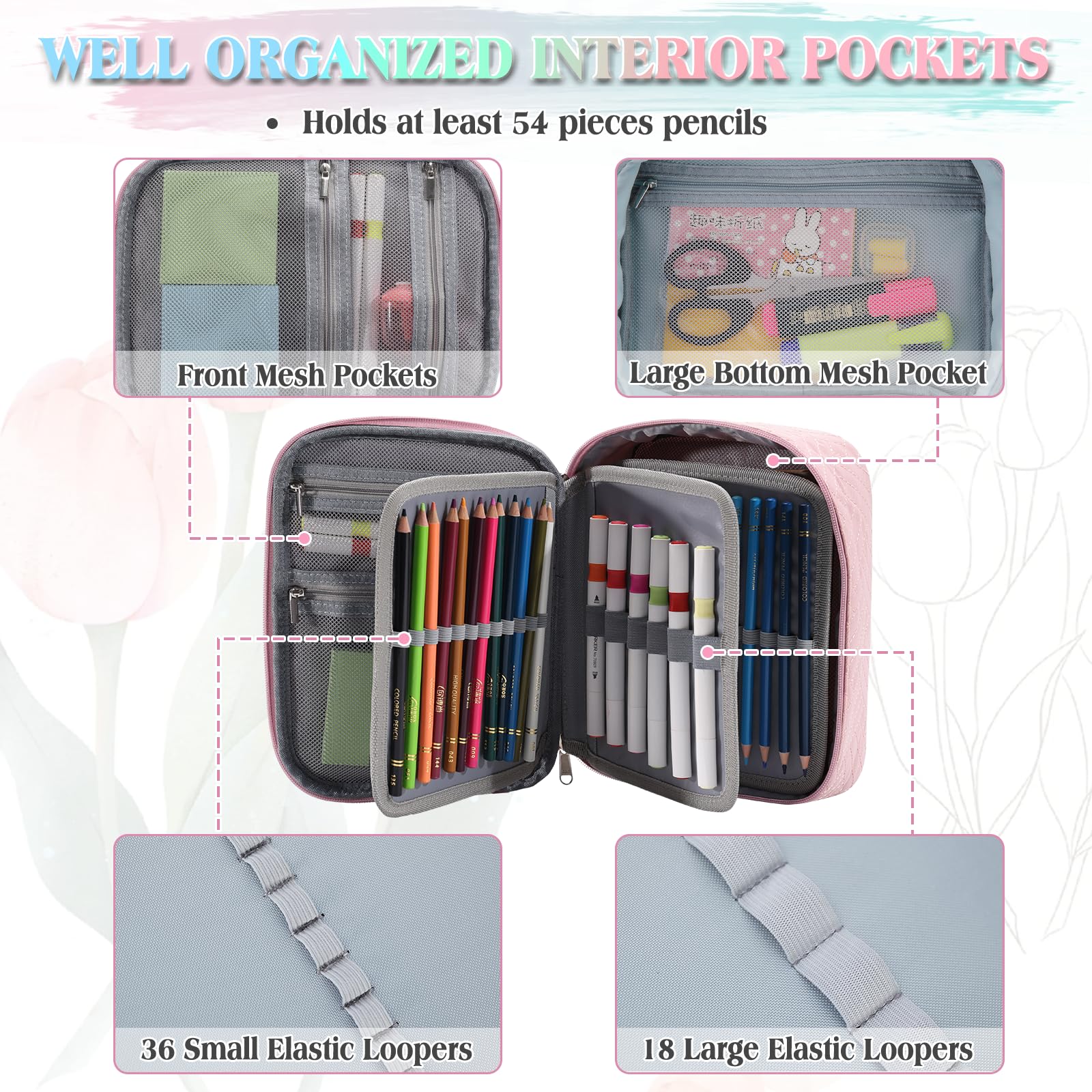 VX VONXURY Large Pencil Case, 54-Slot Colored Pen Pouch 2 Removable Sleeves