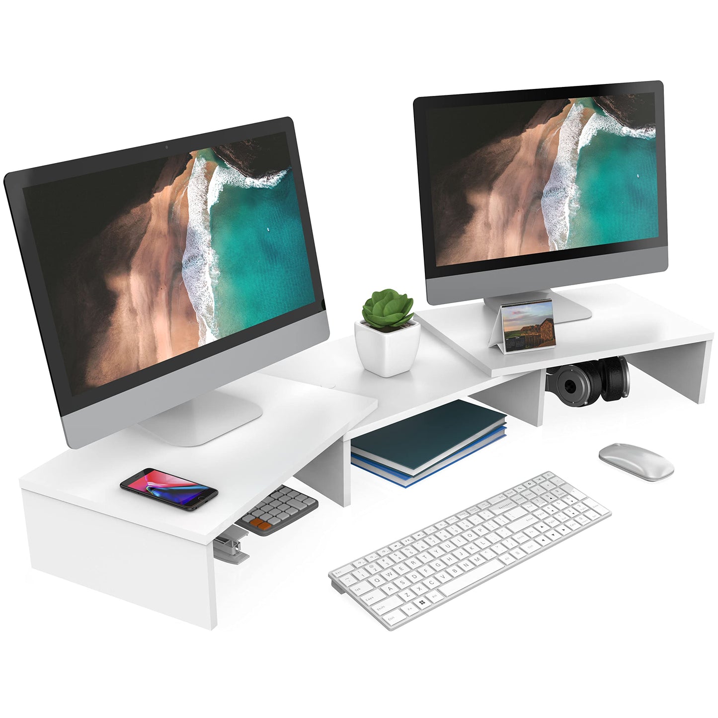 FITUEYES Dual Monitor Stand Riser, Adjustable Length and Angle, White