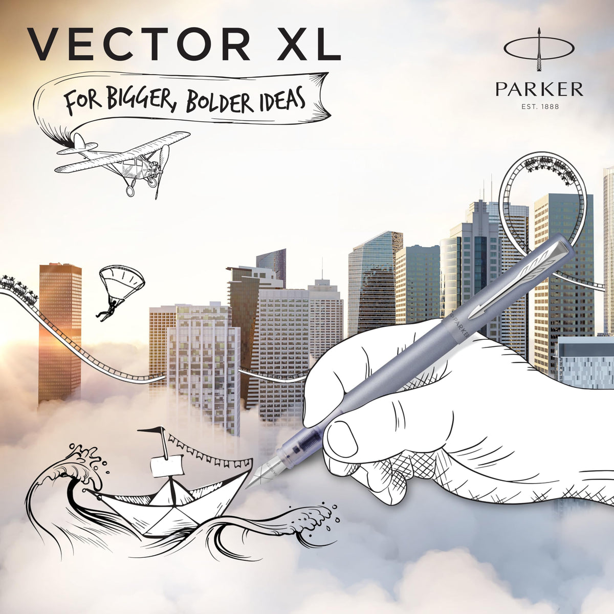 Parker Vector XL Fountain Pen | Metallic Silver-Blue Lacquer on Brass | Medium Nib with Blue Ink