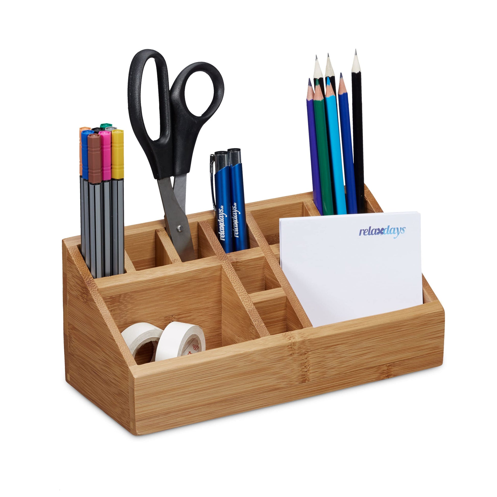 Relaxdays Bamboo Desk Organiser, Pencil Holder, 10 Compartments, Wood Grain, Size: 10 x 23 x 10 cm