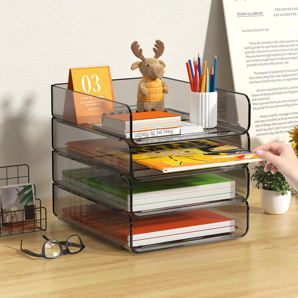 FANXIYQ 4-Tier Acrylic Paper Tray Organizer, Brown Office Paper Organizer