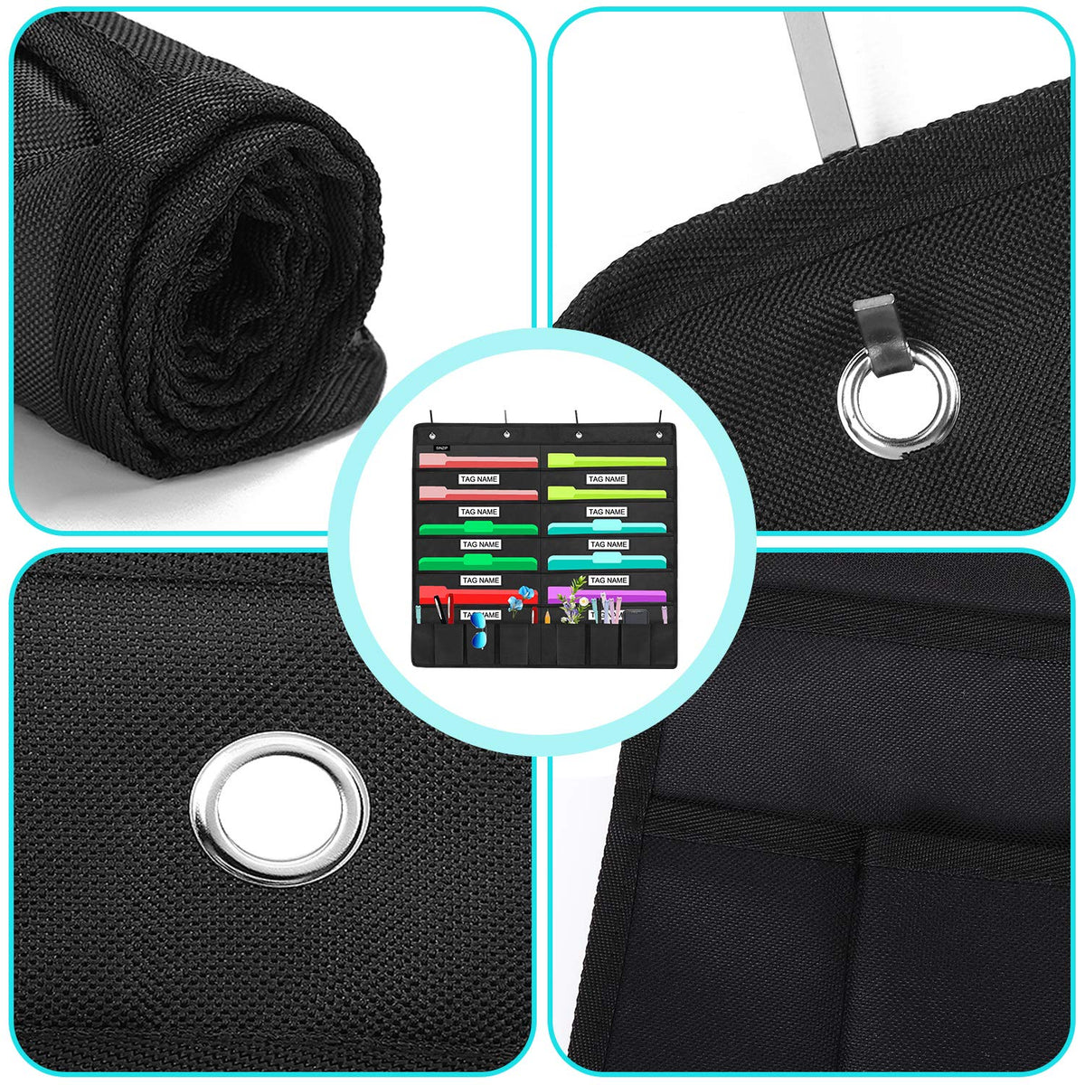 Sinzip Heavy Duty 10 Pocket Door Hanging File Organizer with Name Tag Holders, Black Wall Storage