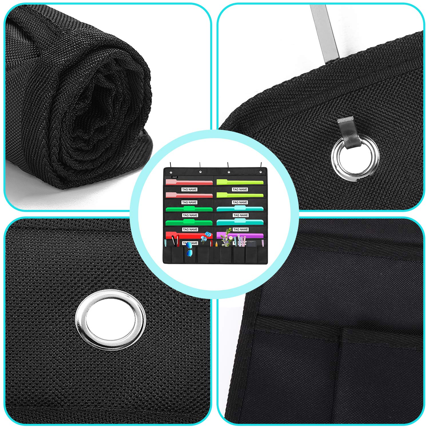 Sinzip Heavy Duty 10 Pocket Door Hanging File Organizer with Name Tag Holders, Black Wall Storage