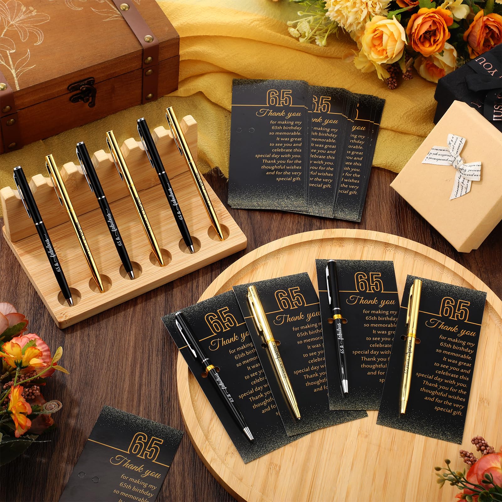Feifeiya 65th Birthday Party Favors with Black Gold Pens Thank You Cards