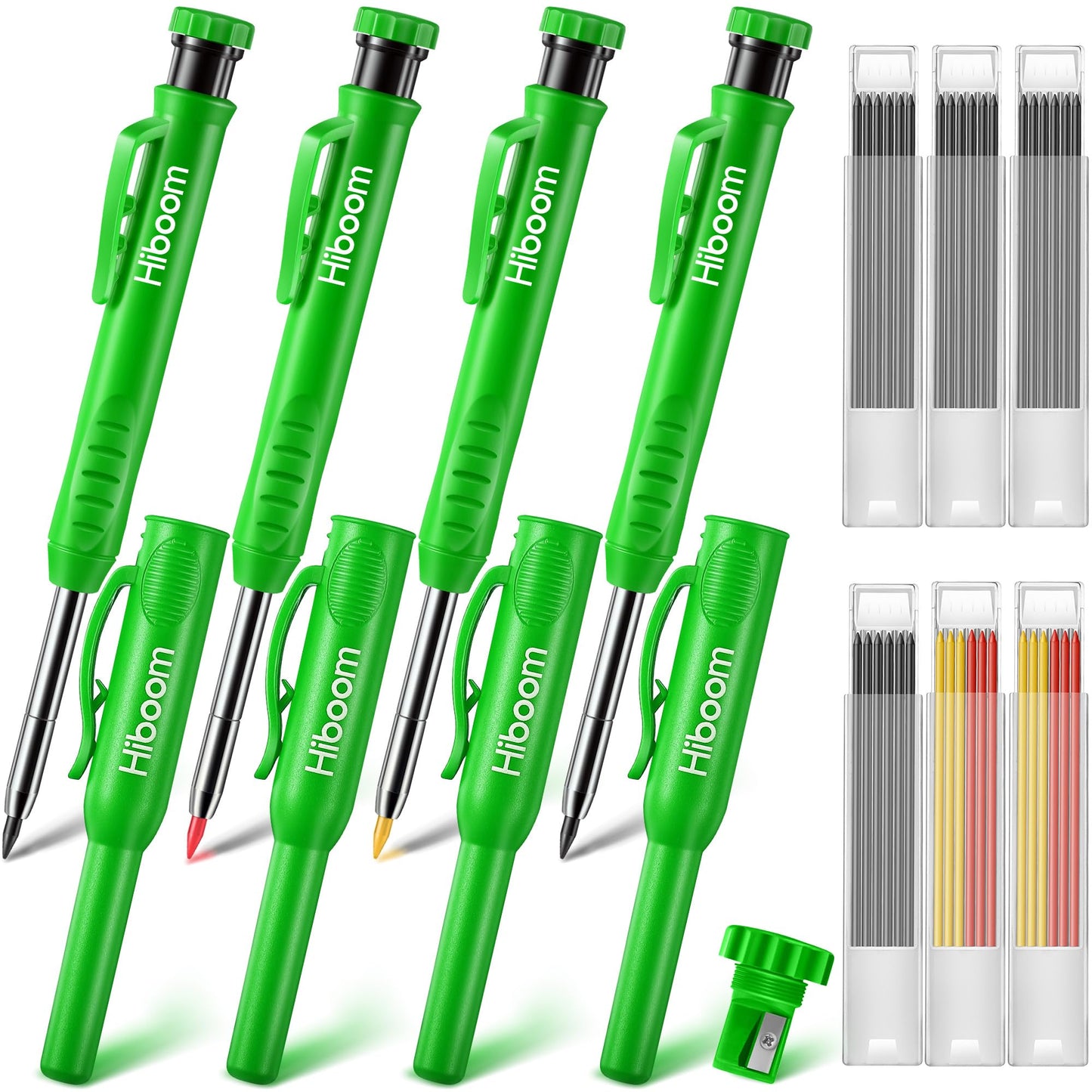 Hiboom 4 Pack Carpenter Pencil with 36 Refills Built In Sharpener (Green)