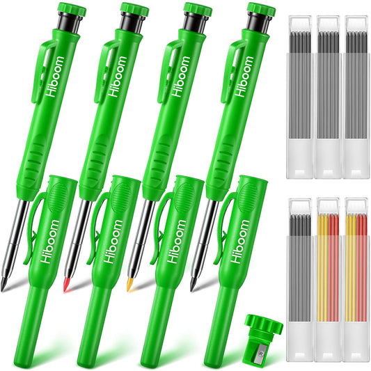 Hiboom 4 Pack Carpenter Pencil with 36 Refills Built In Sharpener (Green)