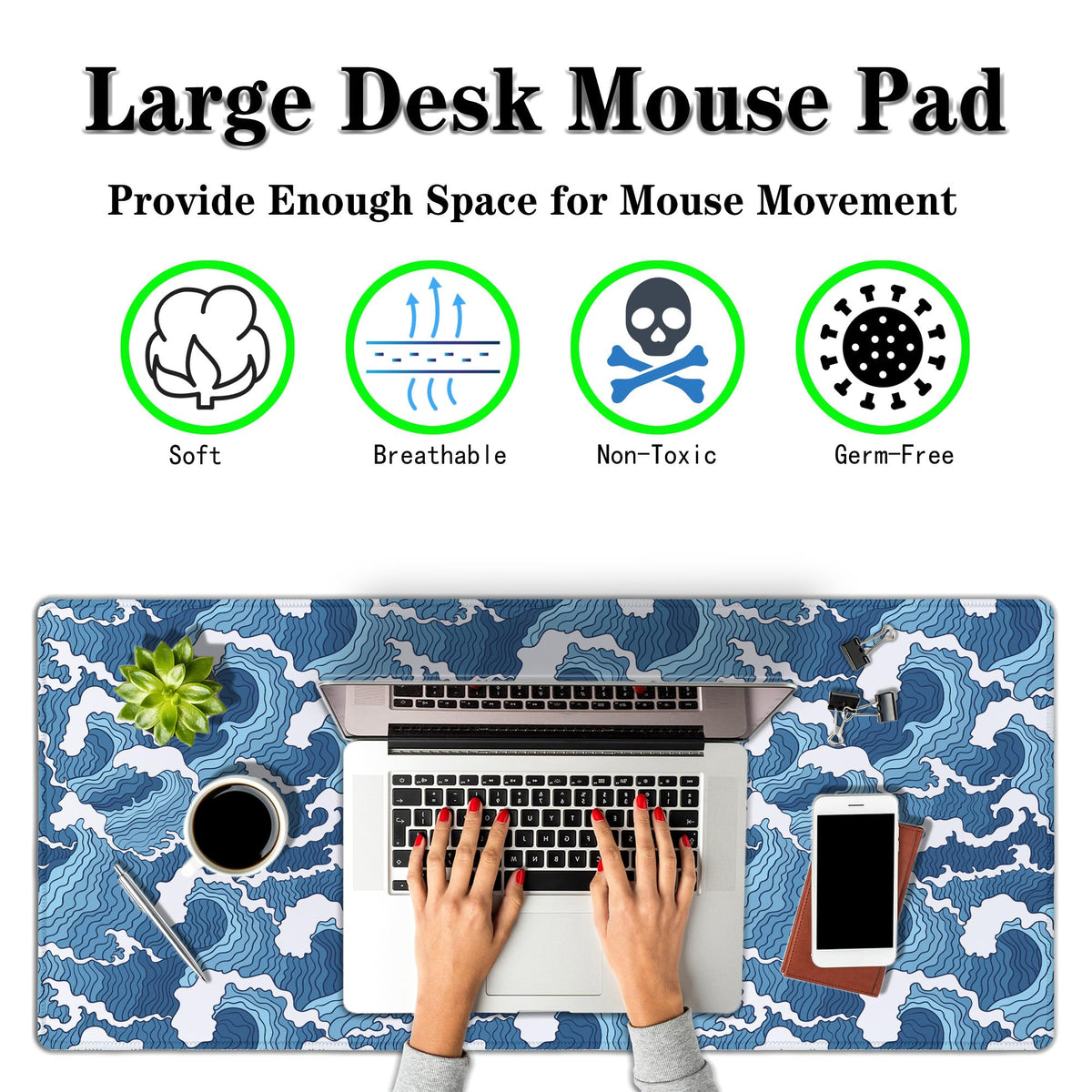 Samgula Large Desk Pads Blue and White Desktop Pad, Pc Mouse Pad Keyboard Mat, Desk Pad Gaming