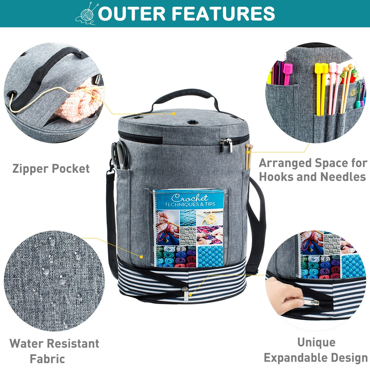 MYBAGZING Expandable Crochet Bag Organizer w/Yarn Grommets& Zipper Closure