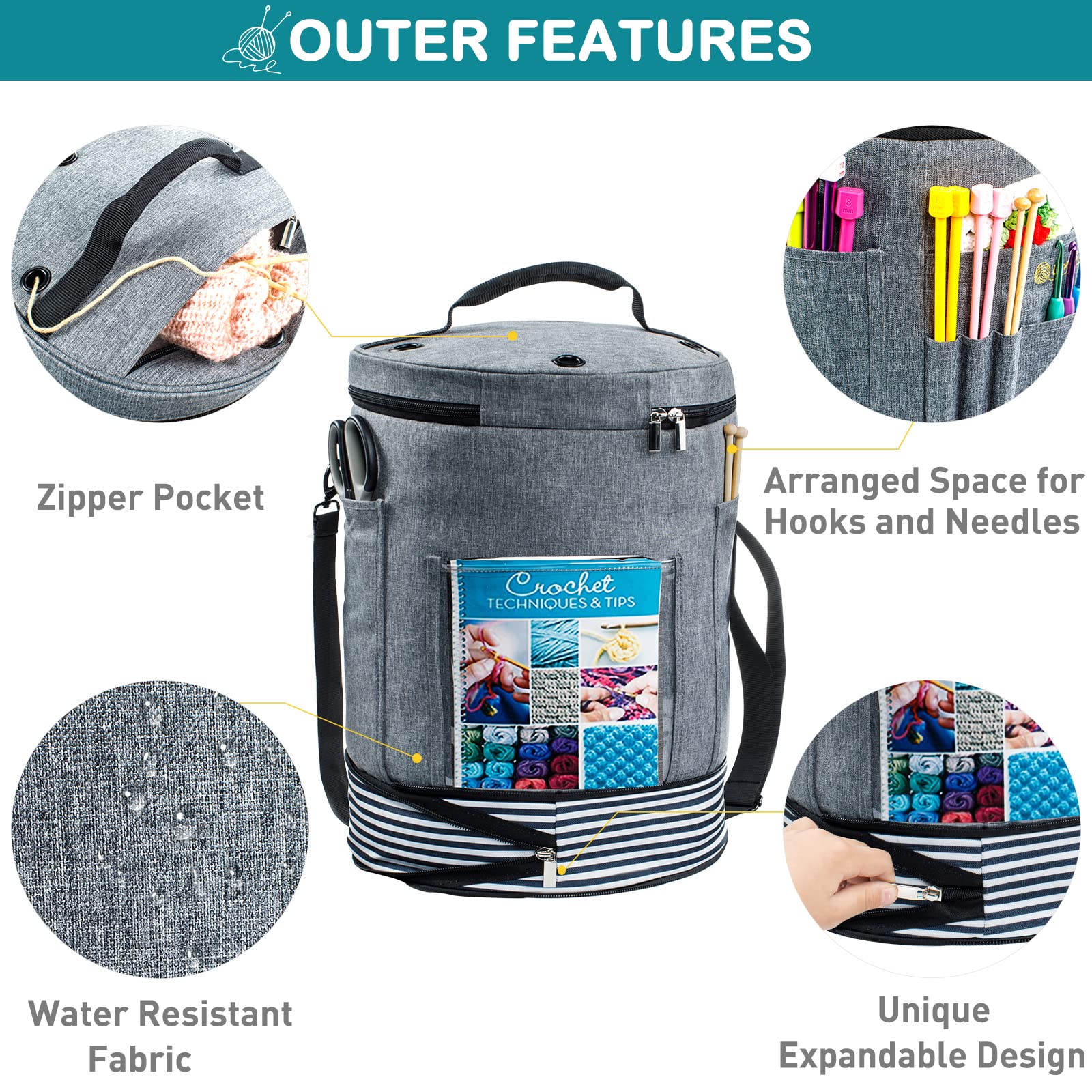 MYBAGZING Expandable Crochet Bag Organizer w/Yarn Grommets& Zipper Closure