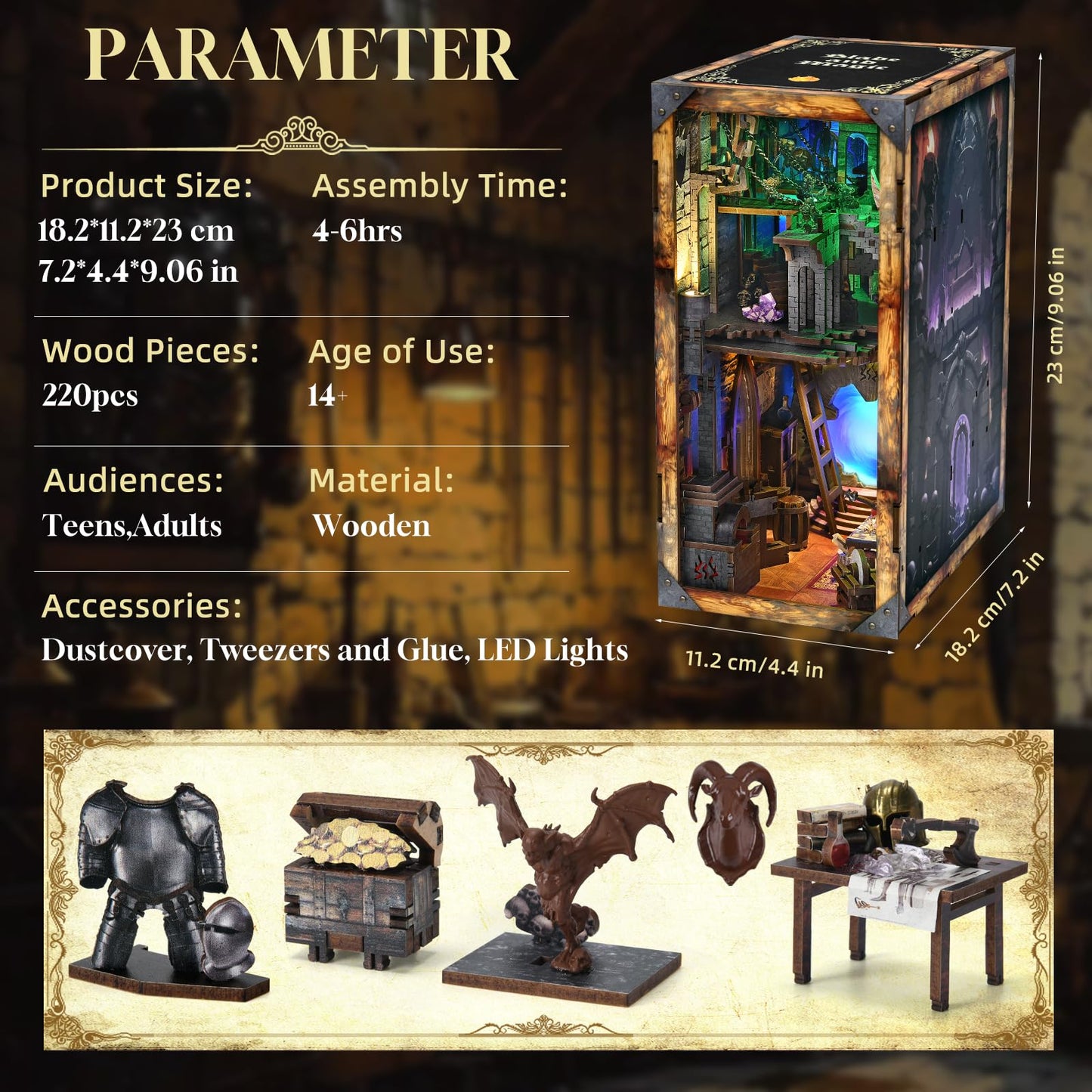 MiniCity Blade and Magic Book Nook Kit, DIY Wooden Miniature Scene with LED